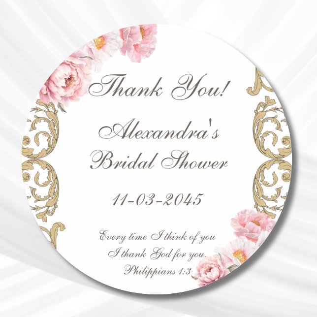 Adesivo Redondo Pink Peony Christian Bridal Shower Thank You (Criador carregado)