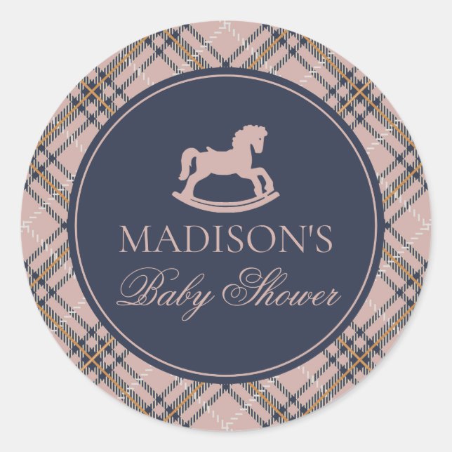 Adesivo Redondo Pink Plaid Rocking Horse Baby Shower Envelope Seal (Frente)