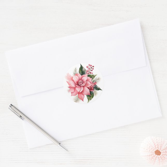 Adesivo Redondo Pink Poinsettia Stickers (Envelope)