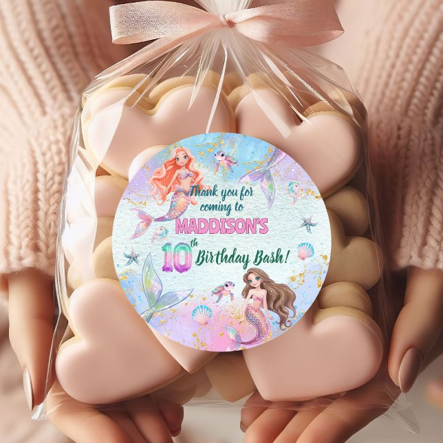 Adesivo Redondo Pink Purple Glitter Mermaids 10th Birthday Party (Criador carregado)