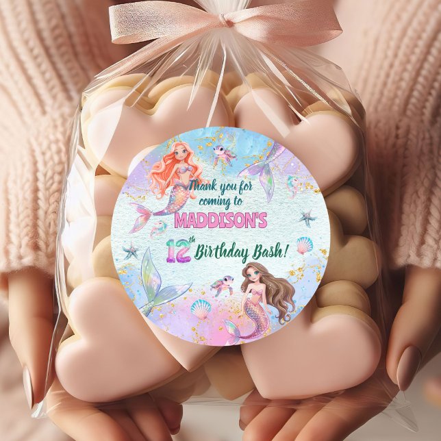 Adesivo Redondo Pink Purple Glitter Mermaids 12th Birthday Party (Criador carregado)