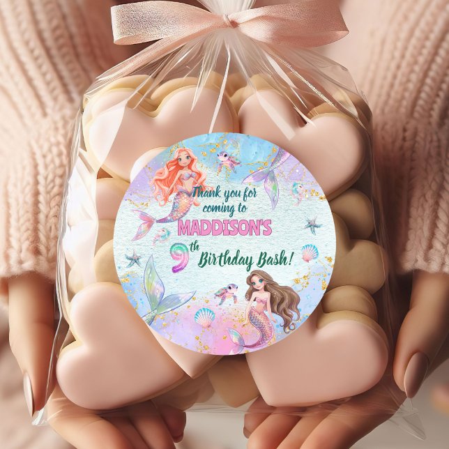 Adesivo Redondo Pink Purple Glitter Mermaids 9th Birthday Party (Criador carregado)