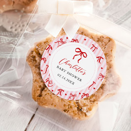 Adesivo Redondo Pink Red Coquette Bow Valentine Baby Shower