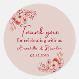 Adesivo Redondo Pink Red Floral Wedding Thank You