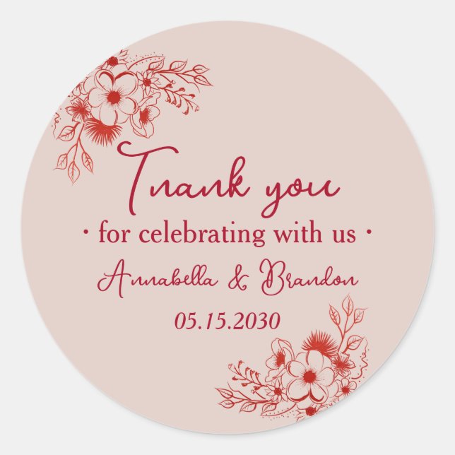 Adesivo Redondo Pink Red Floral Wedding Thank You (Frente)