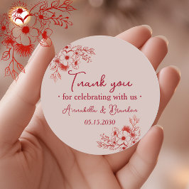 Adesivo Redondo Pink Red Floral Wedding Thank You