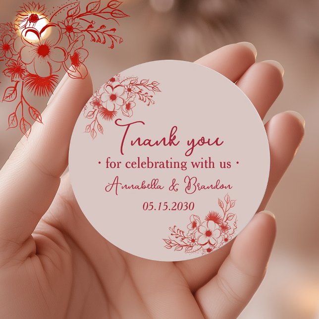 Adesivo Redondo Pink Red Floral Wedding Thank You (Criador carregado)