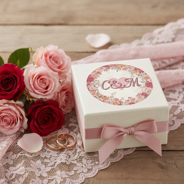 Adesivo Redondo Pink & Red Romantic Spring Floral Monogram Wedding (Criador carregado)
