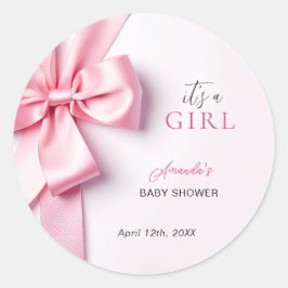 Adesivo Redondo Pink Ribbon Bow Baby Shower It's a Girl