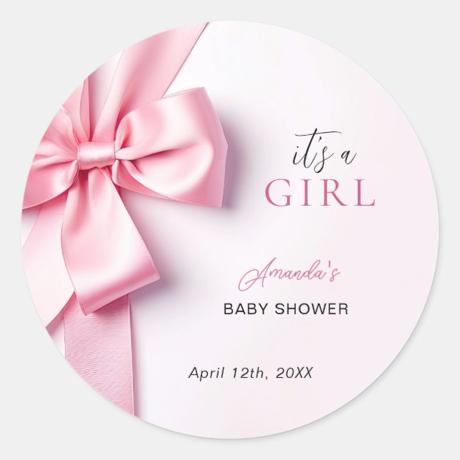 Adesivo Redondo Pink Ribbon Bow Baby Shower It's a Girl (Frente)