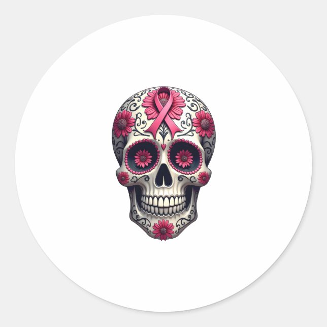 Adesivo Redondo Pink Ribbon Sugar Skull Calavera Breast Cancer Awa (Frente)