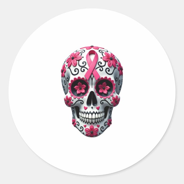 Adesivo Redondo Pink Ribbon Sugar Skull Calavera Breast Cancer Awa (Frente)