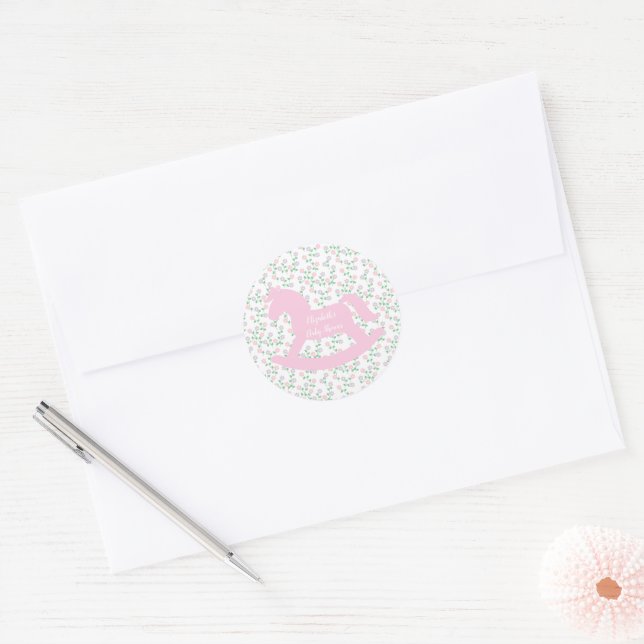 Adesivo Redondo Pink Rocking Horse Girl Baby Shower (Envelope)