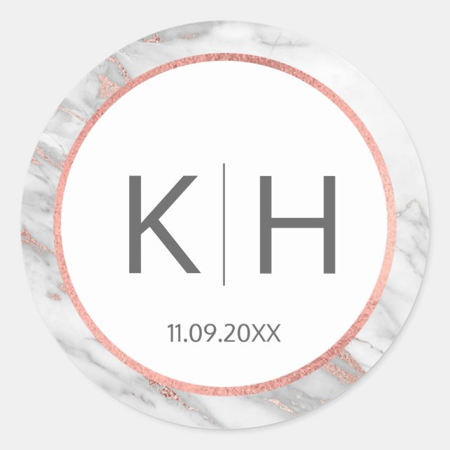 Adesivo Redondo PINK ROSE Gold FOIL Marble Weding Monogramas (Frente)
