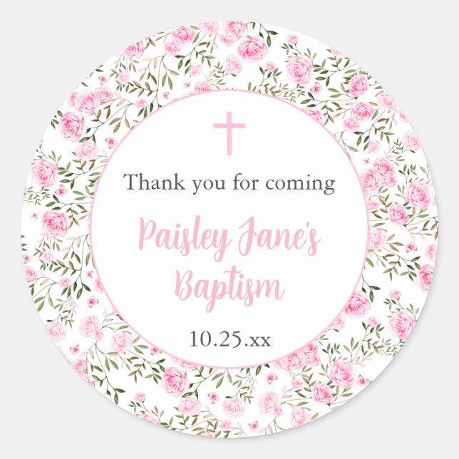 Adesivo Redondo Pink Roses Girl baptism thank you sticker (Frente)