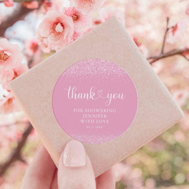 Adesivo Redondo Pink Sparkle Thank You Heart Script Sticker (Criador carregado)