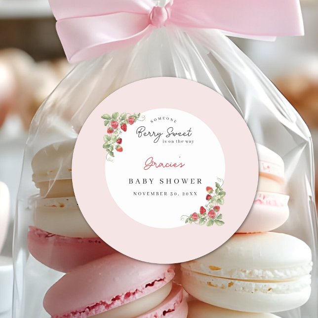 Adesivo Redondo Pink Strawberry Baby Shower (Berry Sweet Baby Shower Round Sticker)