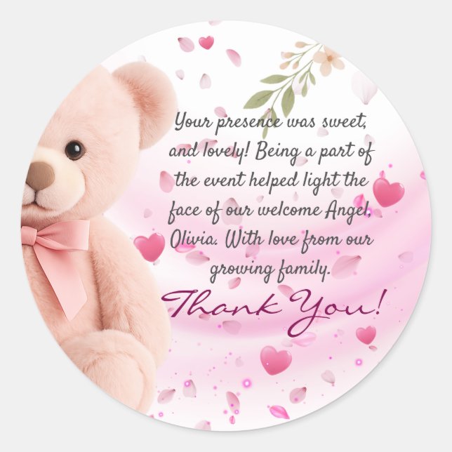 Adesivo Redondo Pink Teddy Bear Baby Shower Thank You Sticker (Frente)