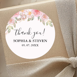 Adesivo Redondo Pink Watercolor flowers Gold Modern Wedding Party