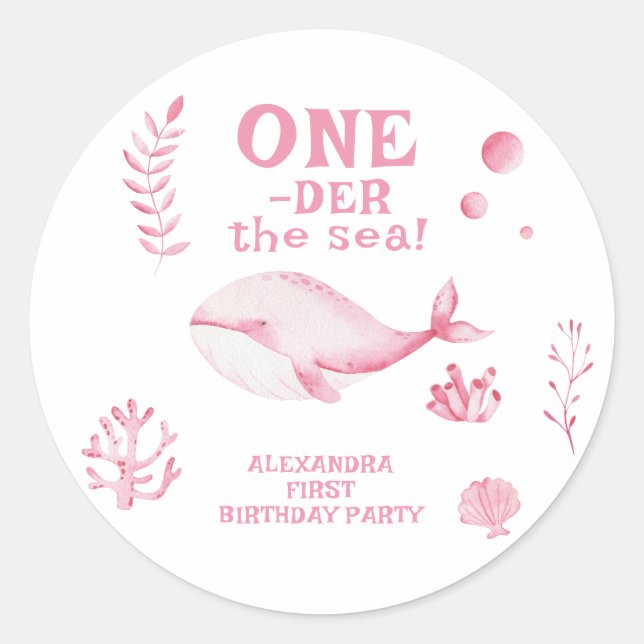 Adesivo Redondo Pink Whale Oneder The Sea 1st Birthday  (Frente)