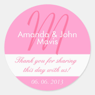 Adesivo Redondo Pink White Simple Casamento Inicial Favor Obrigado