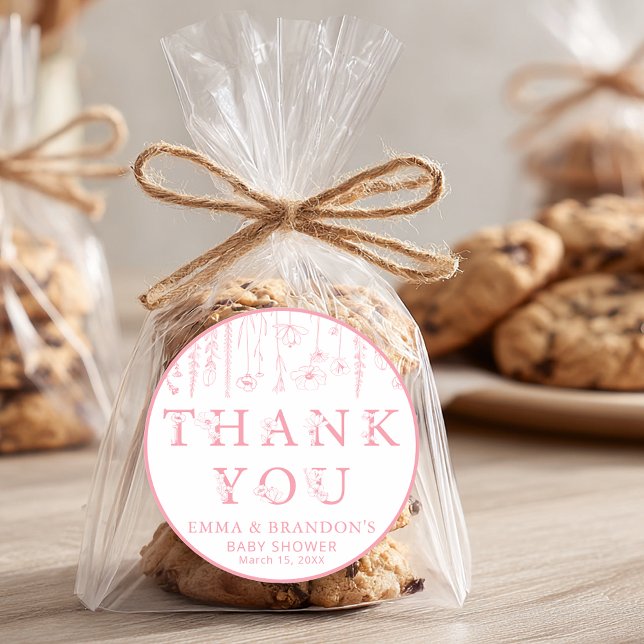 Adesivo Redondo Pink Wildflower Baby Shower Thank You Stickers (Pink Thank You Sticker)