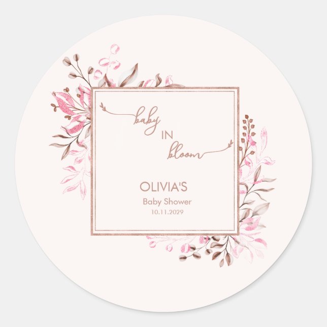 Adesivo Redondo Pink Wildflower Border Baby in Bloom Baby Shower (Frente)