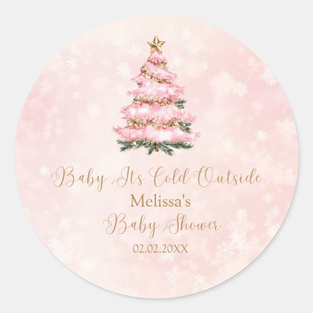 Adesivo Redondo Pink Winter Baby Its Cold Outside Baby Shower (Frente)