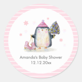 Adesivo Redondo Pink Winter Ice Skate Penguin Baby Shower