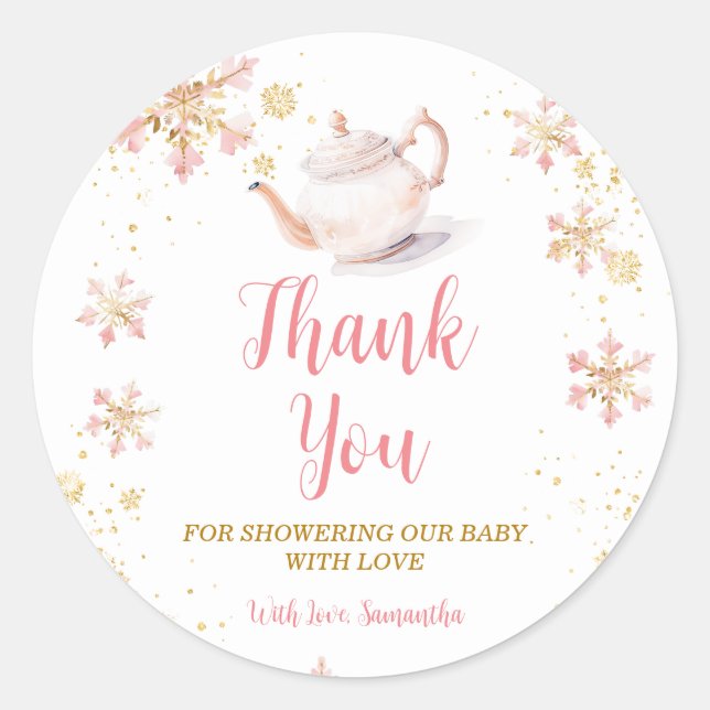 Adesivo Redondo Pink Winter Tea Party Baby Shower Thank You (Frente)