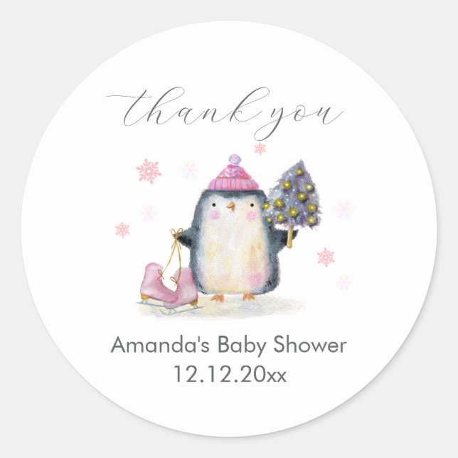 Adesivo Redondo Pink Winter Woodland Skate Penguin Baby Shower  (Frente)