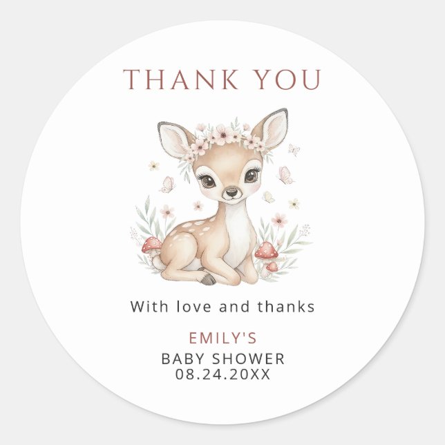 Adesivo Redondo Pink Woodland Deer Girl Baby Shower Thank You (Frente)