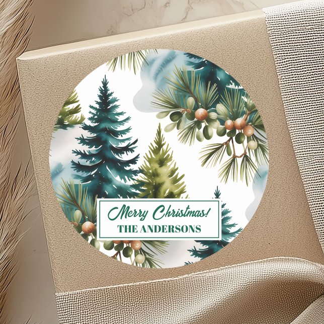 Adesivo Redondo Pino de Aquarela Padrão Elegante Inverno (Criador carregado)