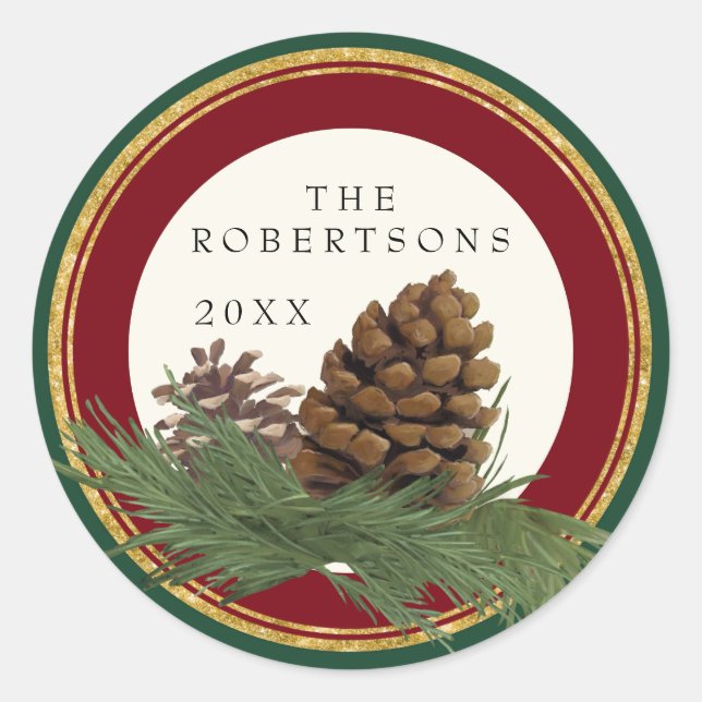 Adesivo Redondo Pino Pintado à Mão Cone w Nome: Selos Dourados Com (Frente)