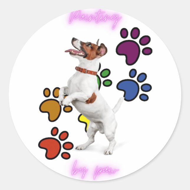 ADESIVO REDONDO "PINTANDO POR VESTIDOS DE PAW''. (Frente)