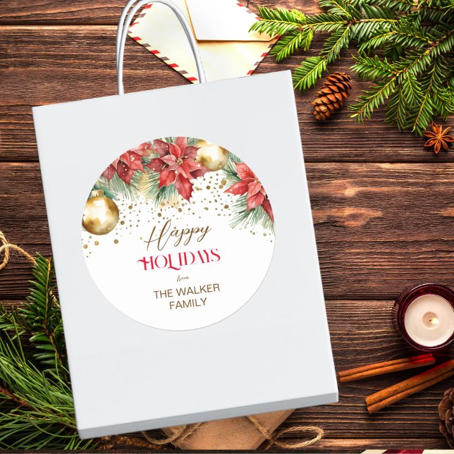 Adesivo Redondo Pintétia vermelha de cor aquosa elegante Natal (Happy Holidays watercolor elegant poinsettia gold baubles sprinkles gift stickers)