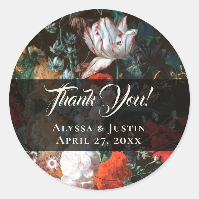 Adesivo Redondo Pintor Holandês Floral Escuro Obrigado Envelope Se (Frente)