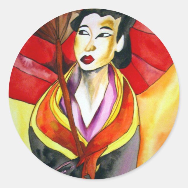 Adesivo Redondo Pintura a aquarela original em Geisha (Frente)