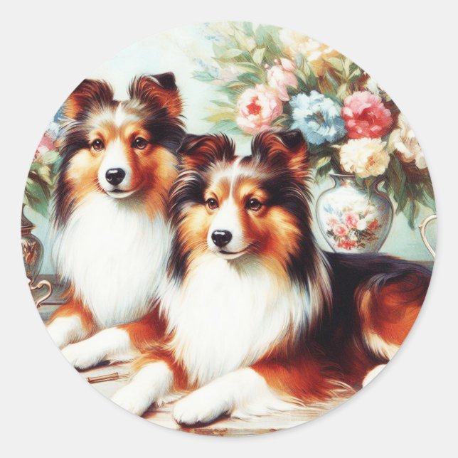 Adesivo Redondo Pintura A Óleo De Cachorros Retro (Frente)