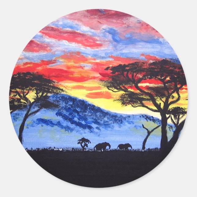Adesivo Redondo Pintura Afro-Sunset Safari Animal Silhouter (Frente)