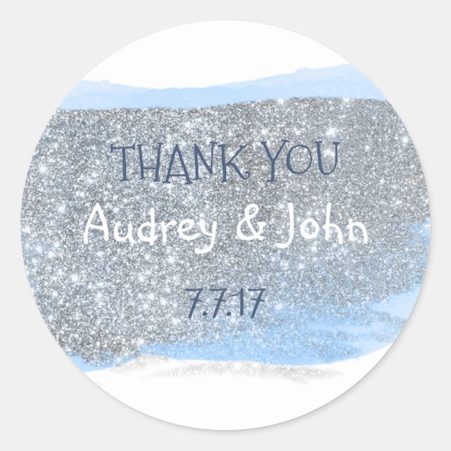 Adesivo Redondo Pintura Azul Pastel de Lata de Prata Obrigado (Frente)