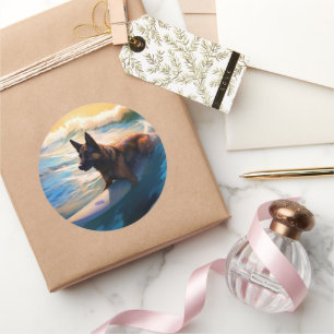 Adesivo Redondo Pintura Belga de Surfe em Praia