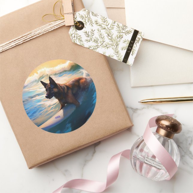 Adesivo Redondo Pintura Belga de Surfe em Praia (Presentear)