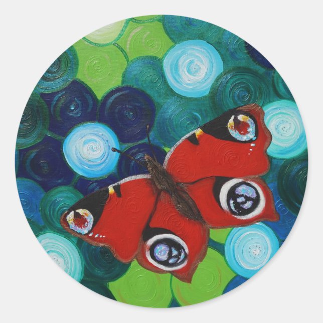 Adesivo Redondo Pintura da Borboleta de Peacock (Frente)