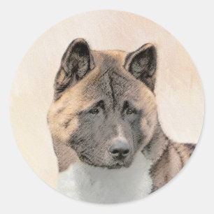 Adesivo Redondo Pintura de Akita - Arte Original de Cachorro Fofo