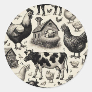 Adesivo Redondo Pintura De Animais De Exploração