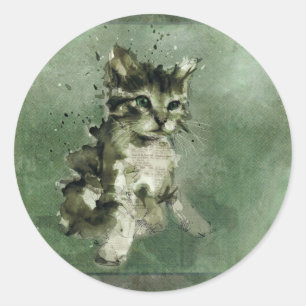 Adesivo Redondo Pintura de aquarela de gato