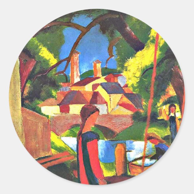 Adesivo Redondo Pintura de August Macke, Crianças na Fonte, (Frente)
