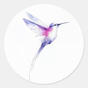 Adesivo Redondo Pintura de Beija-flor Aquarela Roxo Rosa
