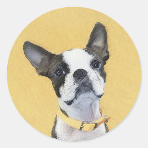 Adesivo Redondo Pintura de Boston Terrier - Arte de Cão Original 